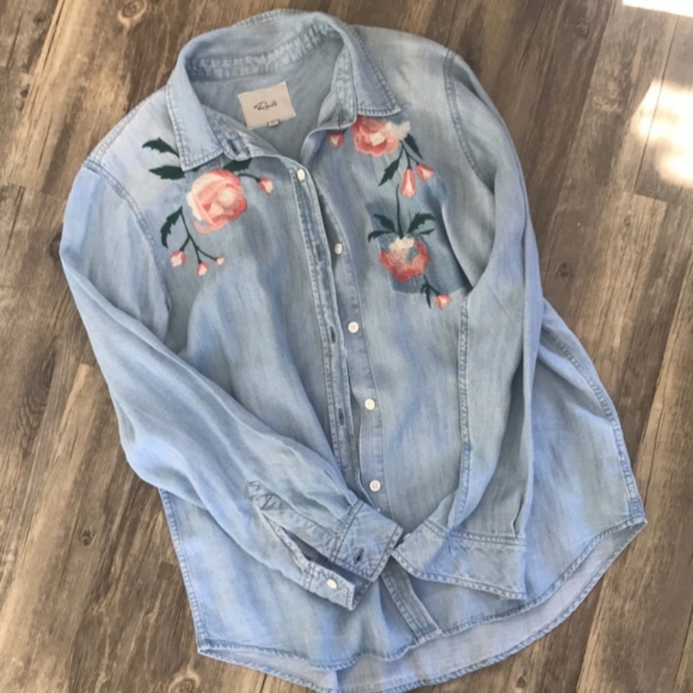Rails Floral Embroidered Chambray Button Down Top - image 5